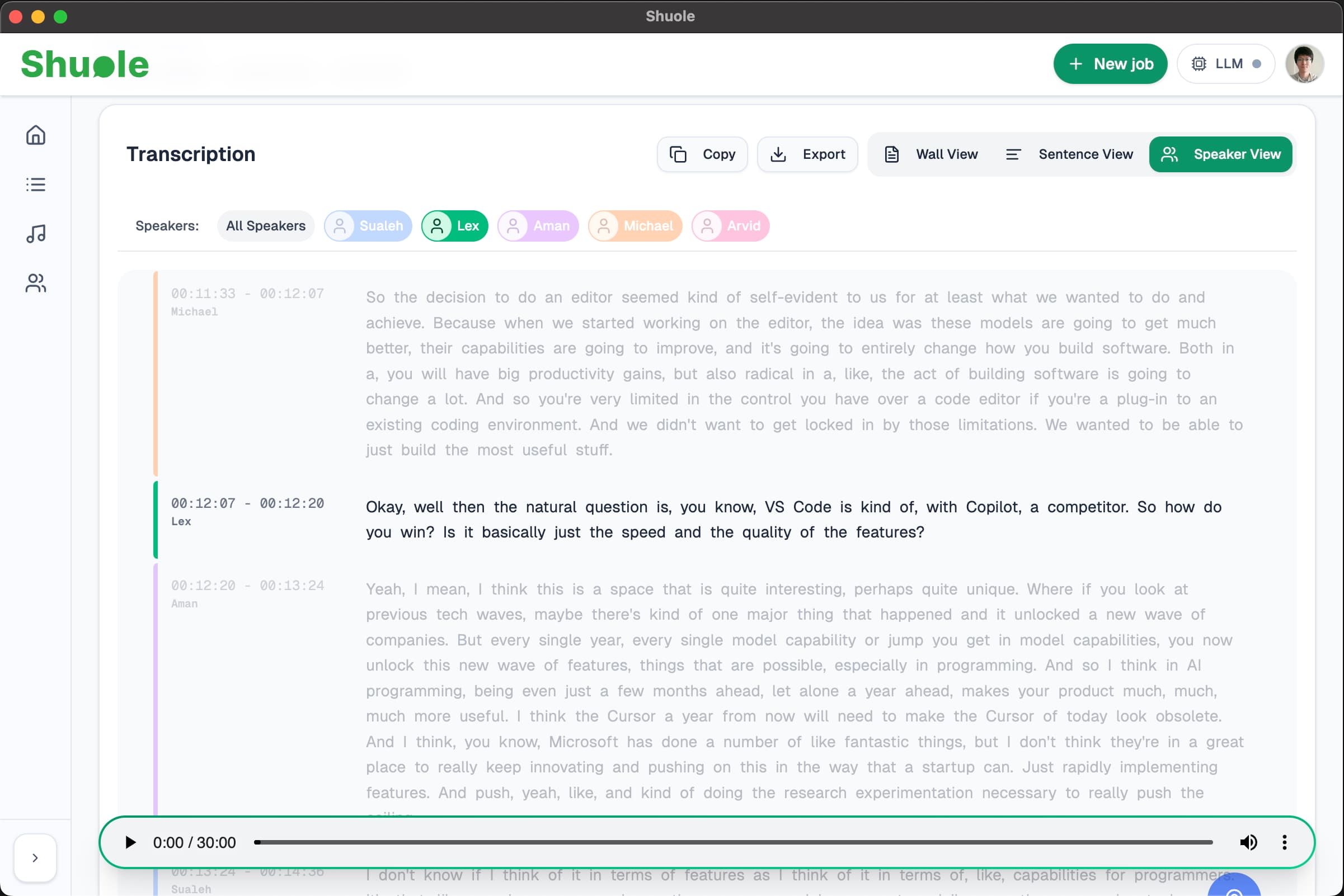 Wall, Sentence, and Speaker view modes
