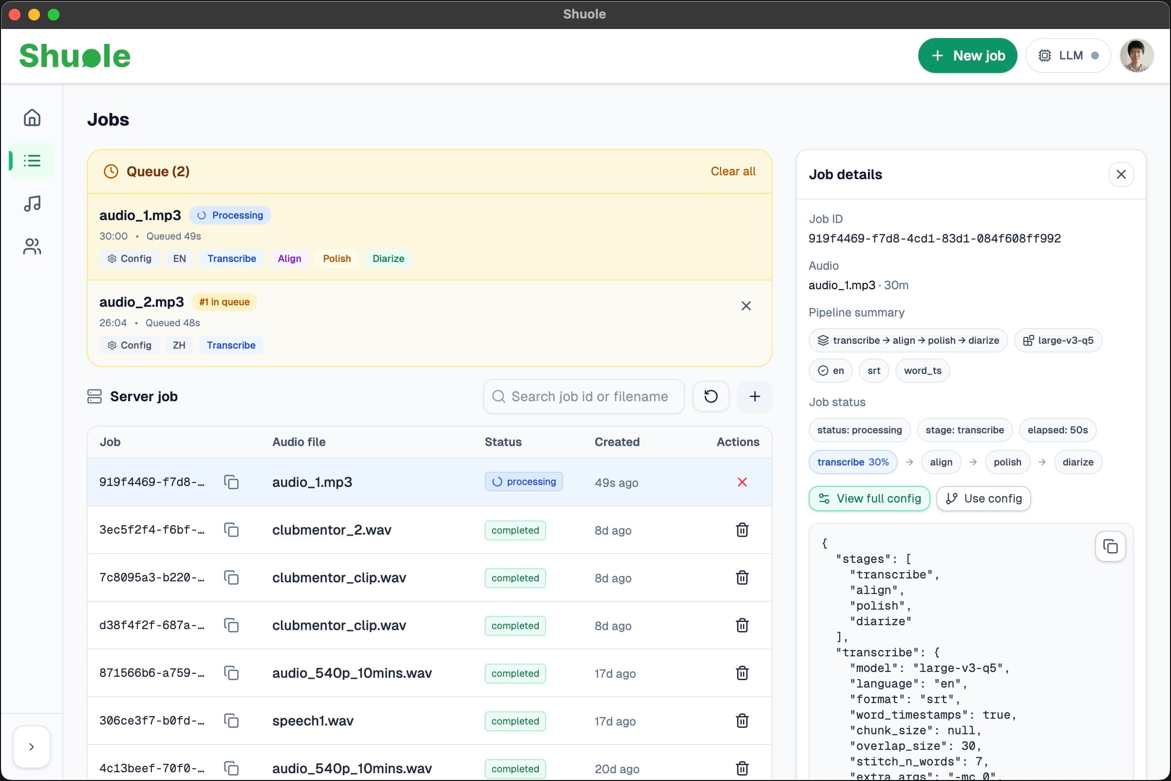 Jobs page with queue and details panel