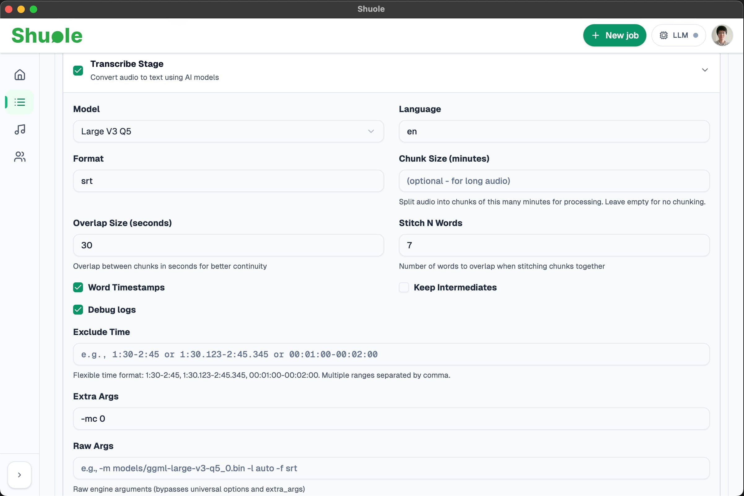 Transcription configuration options